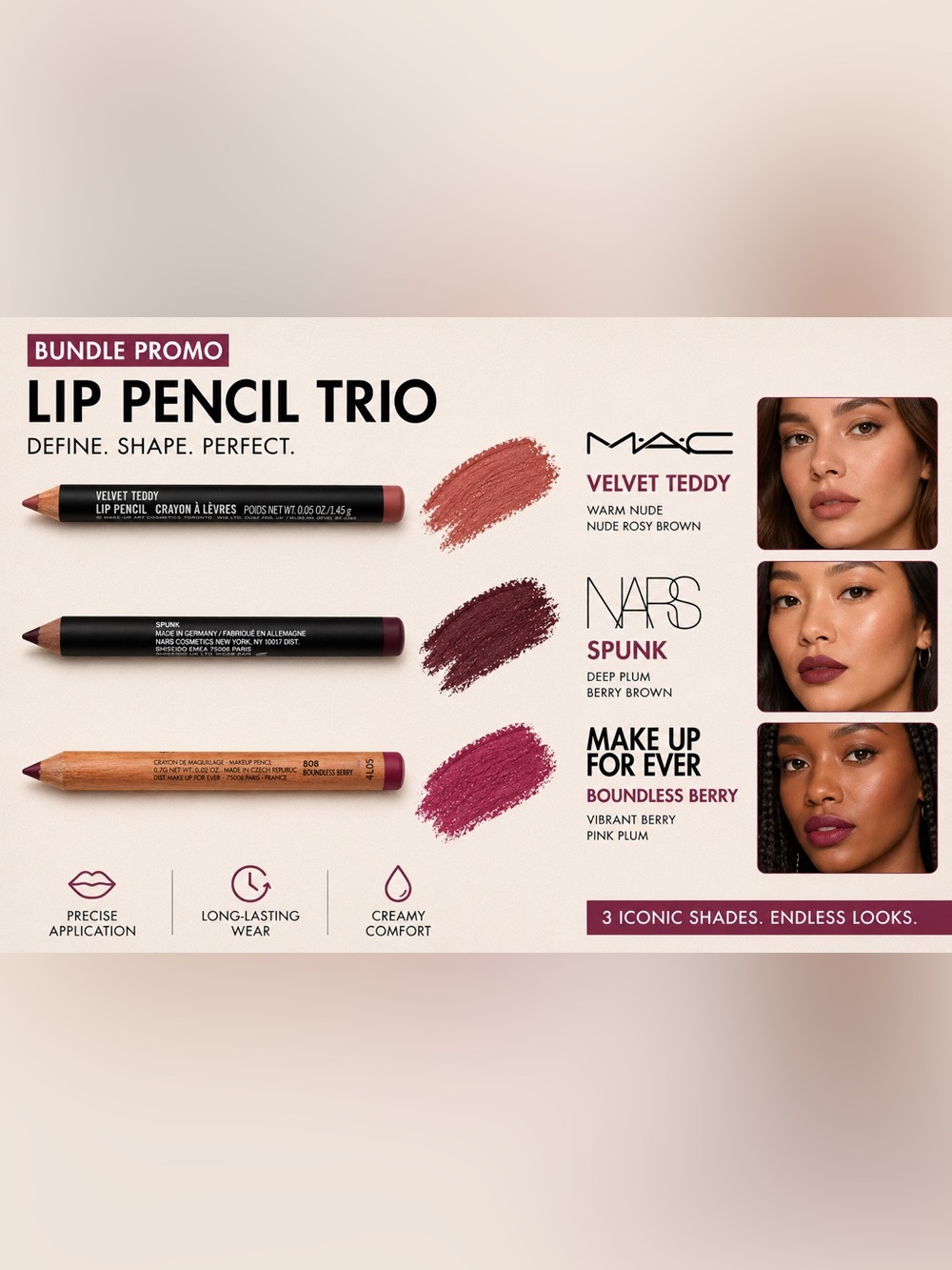 MAC / NARS / MAKE UP FOR EVER Lip Pencil Trio Bundle